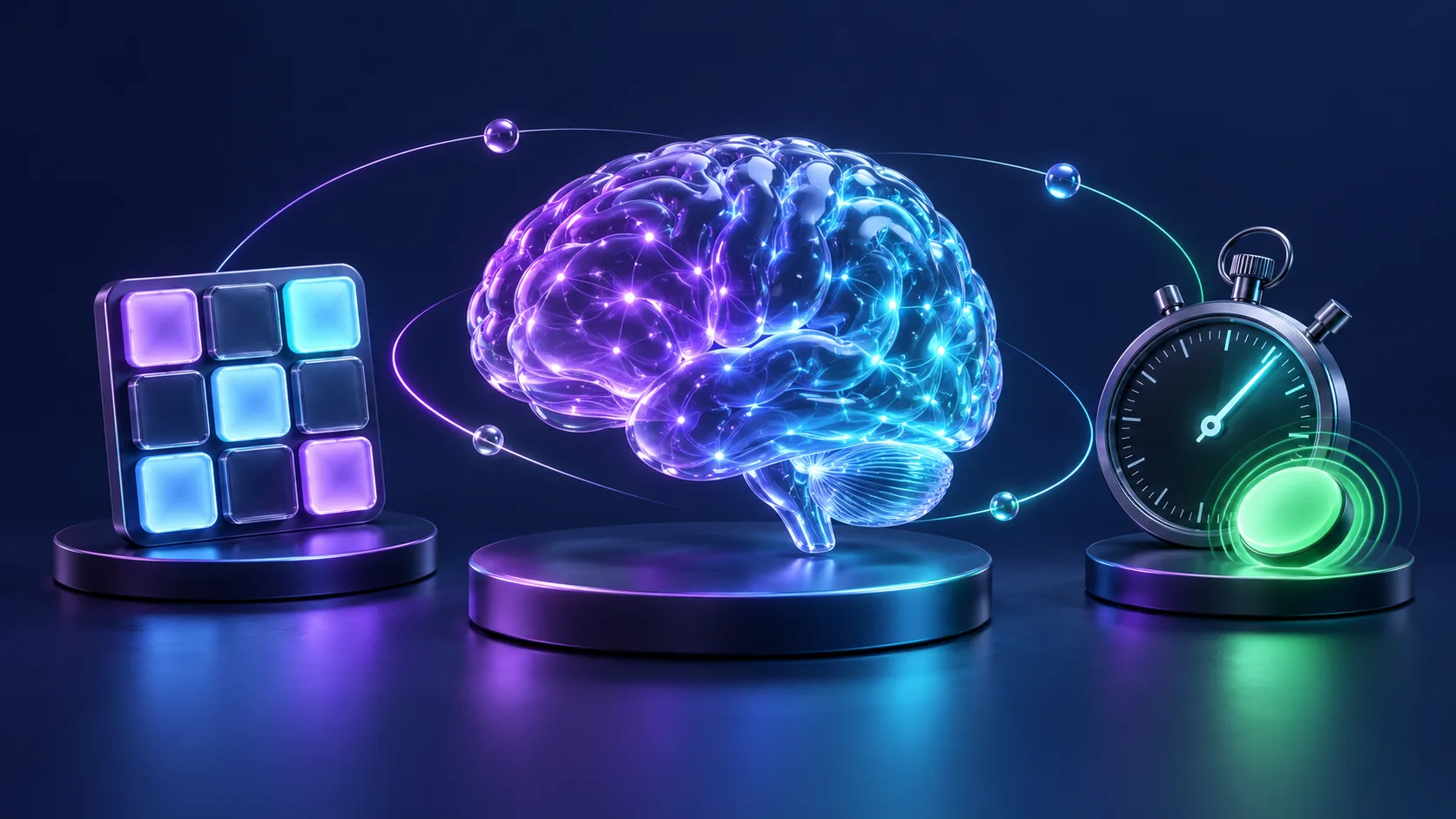 Purple and cyan brain illustration with memory tiles and a reaction time stopwatch